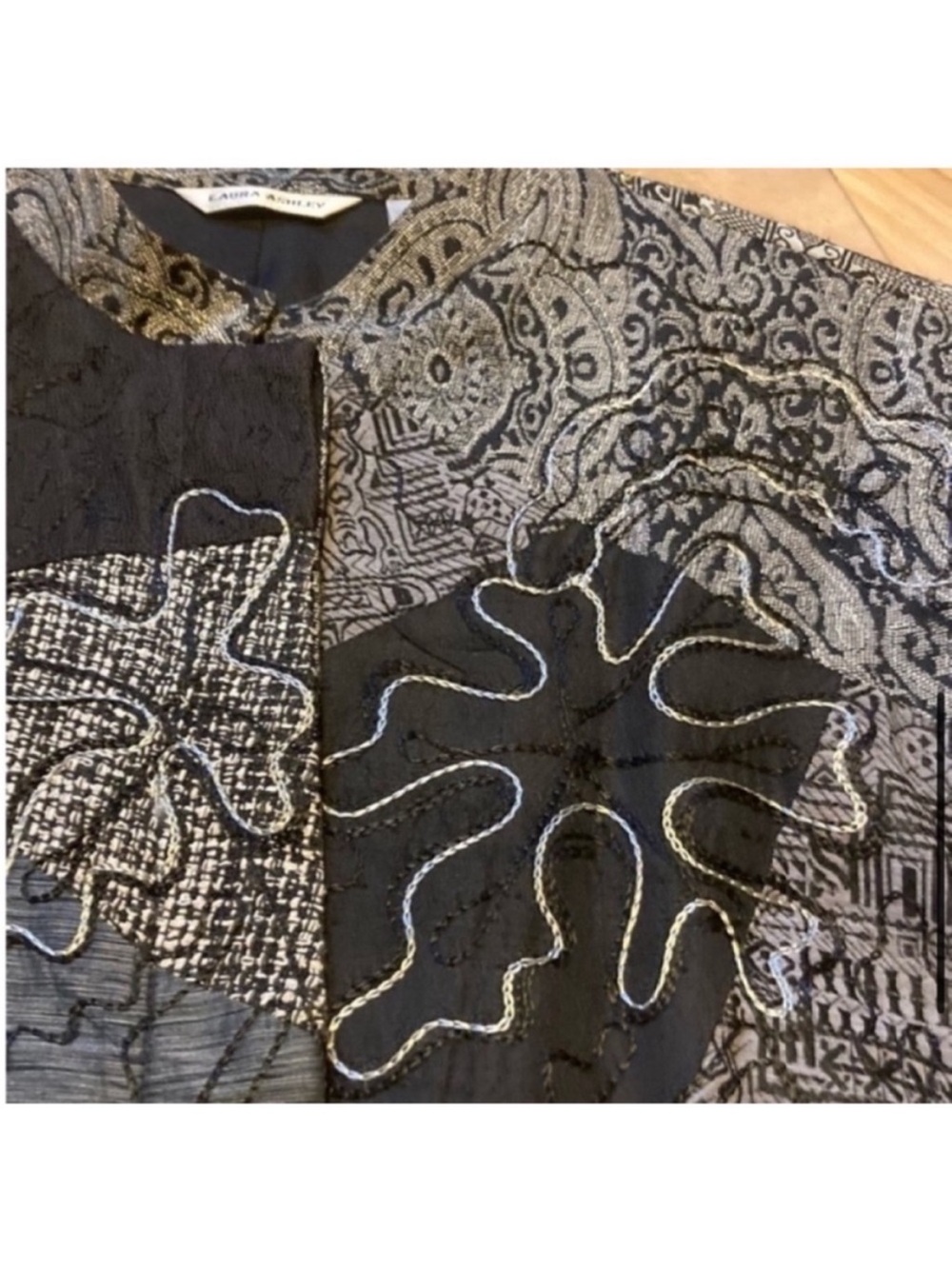 Laura Ashley vintage patchwork button up silk blend jacket black gray size large - Picture 7 of 9